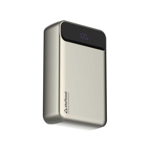 Stuffcool Click 20000mAh Magnetic Wireless Powerbank Natural Titanium Finish Perfect for iPhone 16,15,14,13,12 with Led Display and 20W Fast Wired Charging - Charges iPhone 50% in 30 mins