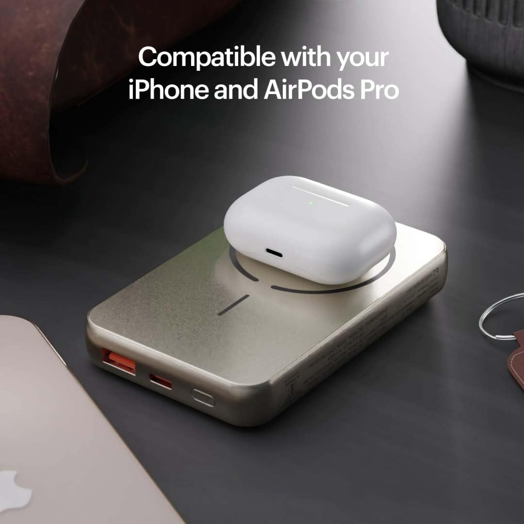 Stuffcool Click 10000mAh Slim Magnetic Wireless Powerbank Natural Titanium Finish Perfect for iPhone 16,15,14,13,12 with Led Display and 20W Fast Wired Charging - Charges iPhone 50% in 30 mins