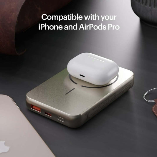 Stuffcool Click 10000mAh Slim Magnetic Wireless Powerbank Natural Titanium Finish Perfect for iPhone 16,15,14,13,12 with Led Display and 20W Fast Wired Charging - Charges iPhone 50% in 30 mins