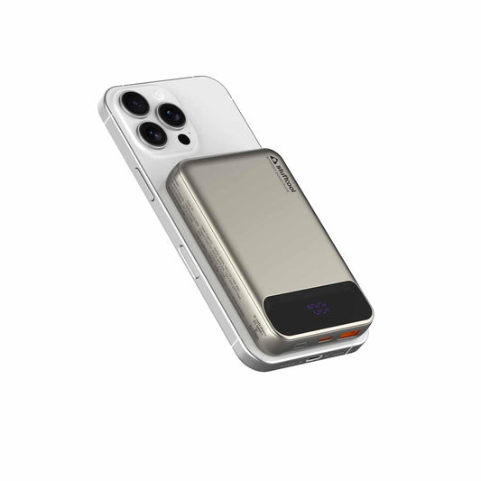 Stuffcool Click 10000mAh Slim Magnetic Wireless Powerbank Natural Titanium Finish Perfect for iPhone 16,15,14,13,12 with Led Display and 20W Fast Wired Charging - Charges iPhone 50% in 30 mins