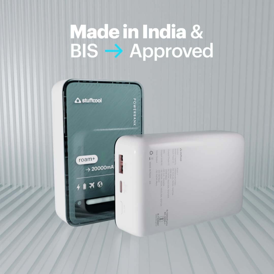 Stuffcool Roam+ 20000mAh Compact Powerbank with 20W Type C Output Charges iPhone 50% in 30 mins and 22.5 Fast Charging, Type A Port - Cool Transparent with Glossy Finish