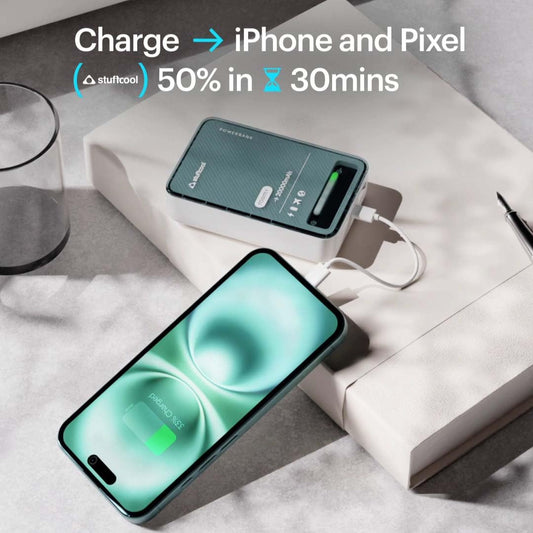 Stuffcool Roam+ 20000mAh Compact Powerbank with 20W Type C Output Charges iPhone 50% in 30 mins and 22.5 Fast Charging, Type A Port - Cool Transparent with Glossy Finish