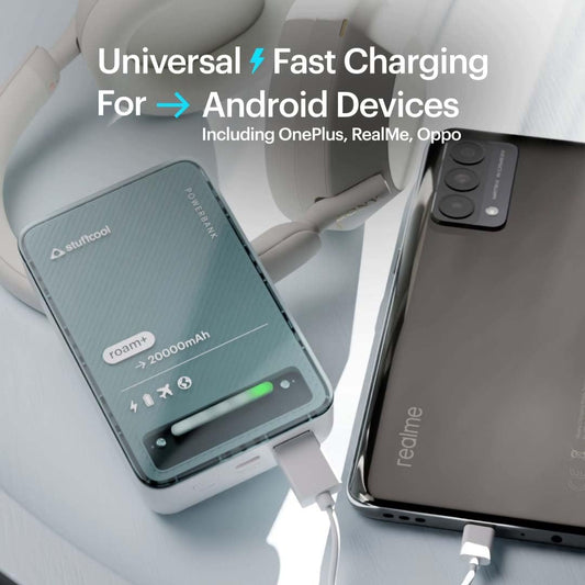 Stuffcool Roam+ 20000mAh Compact Powerbank with 20W Type C Output Charges iPhone 50% in 30 mins and 22.5 Fast Charging, Type A Port - Cool Transparent with Glossy Finish