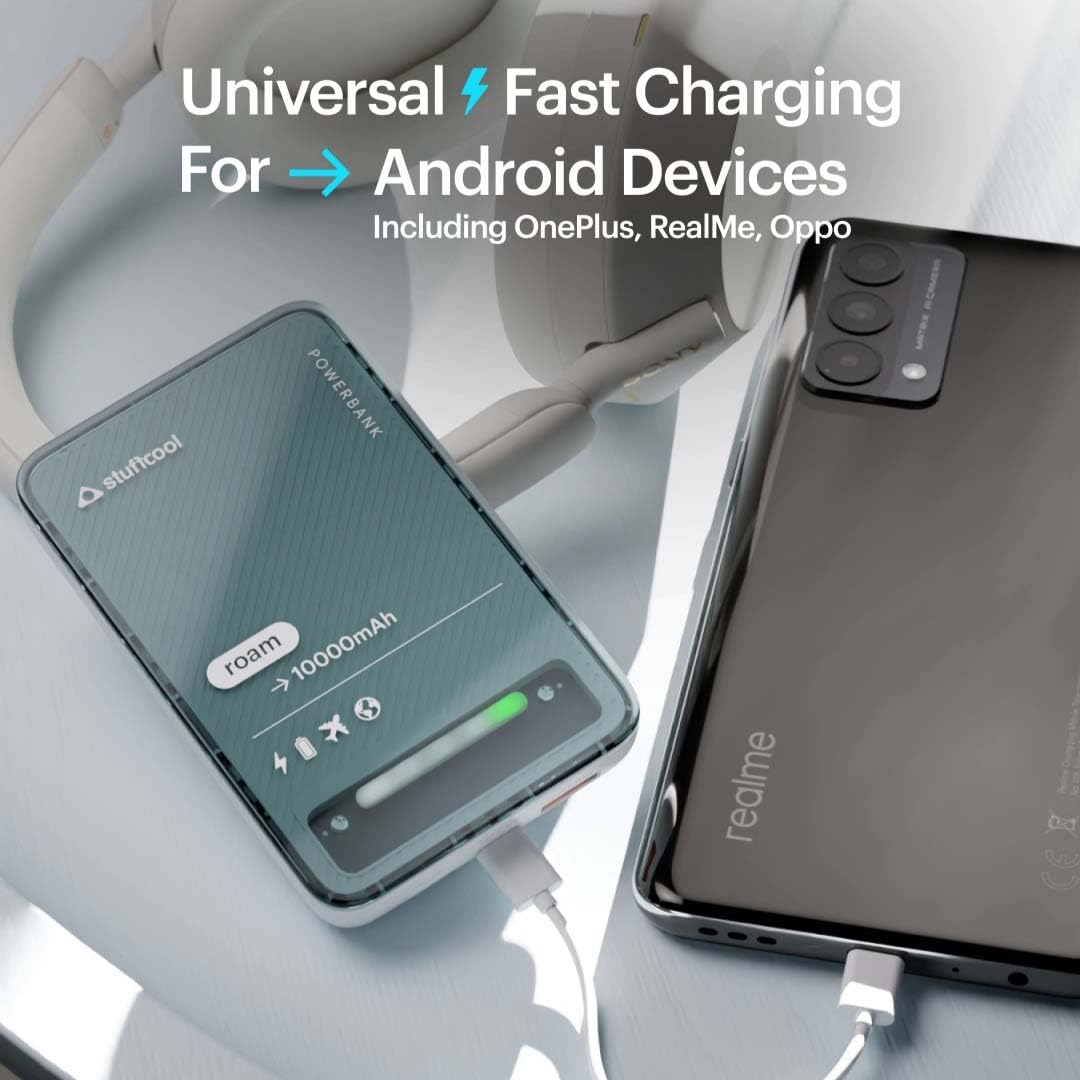Stuffcool Roam 10000mAh Compact Powerbank with 20W Type C Output Charges iPhone 50% in 30 mins and 22.5W Fast Charging, Universal Fast Charging Type A Port - Cool Transparent with Glossy Finish