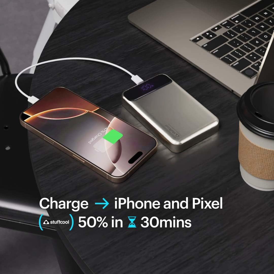 Stuffcool Click 10000mAh Slim Magnetic Wireless Powerbank Natural Titanium Finish Perfect for iPhone 16,15,14,13,12 with Led Display and 20W Fast Wired Charging - Charges iPhone 50% in 30 mins