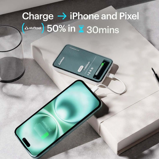 Stuffcool Roam 10000mAh Compact Powerbank with 20W Type C Output Charges iPhone 50% in 30 mins and 22.5W Fast Charging, Universal Fast Charging Type A Port - Cool Transparent with Glossy Finish