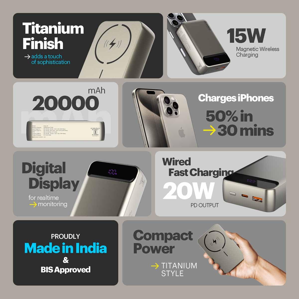 Stuffcool Click 20000mAh Magnetic Wireless Powerbank Natural Titanium Finish Perfect for iPhone 16,15,14,13,12 with Led Display and 20W Fast Wired Charging - Charges iPhone 50% in 30 mins