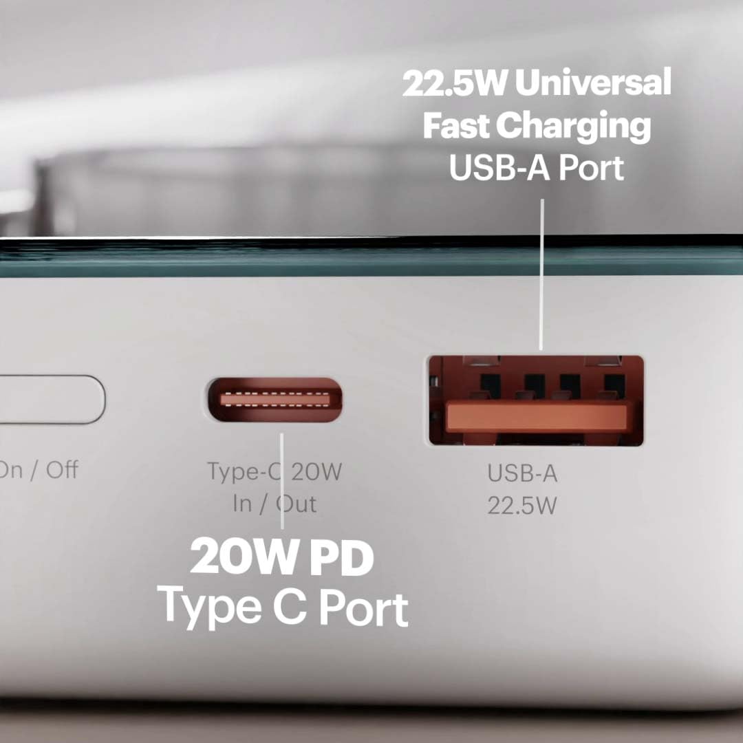 Stuffcool Roam+ 20000mAh Compact Powerbank with 20W Type C Output Charges iPhone 50% in 30 mins and 22.5 Fast Charging, Type A Port - Cool Transparent with Glossy Finish