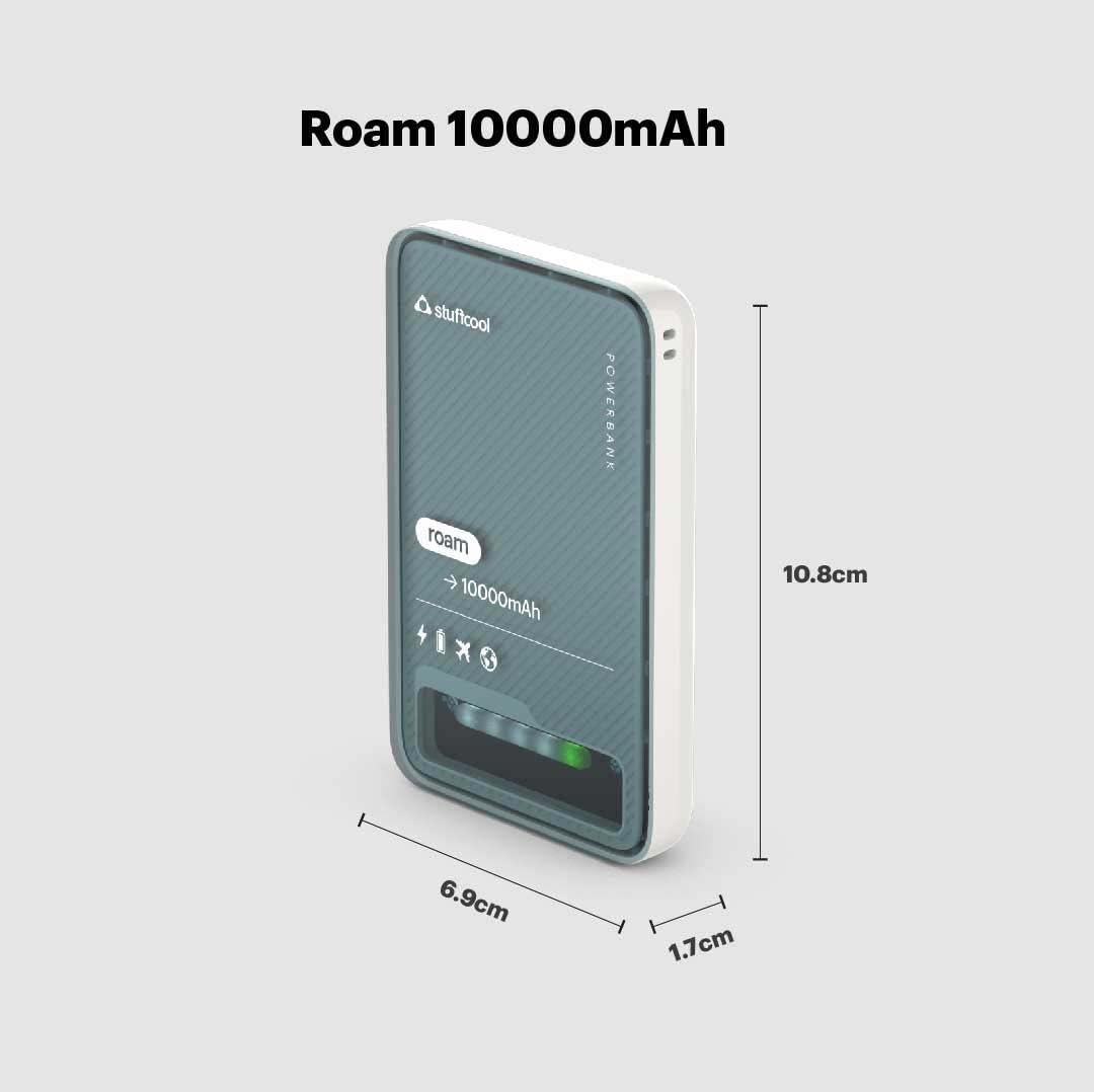 Stuffcool Roam 10000mAh Compact Powerbank with 20W Type C Output Charges iPhone 50% in 30 mins and 22.5W Fast Charging, Universal Fast Charging Type A Port - Cool Transparent with Glossy Finish