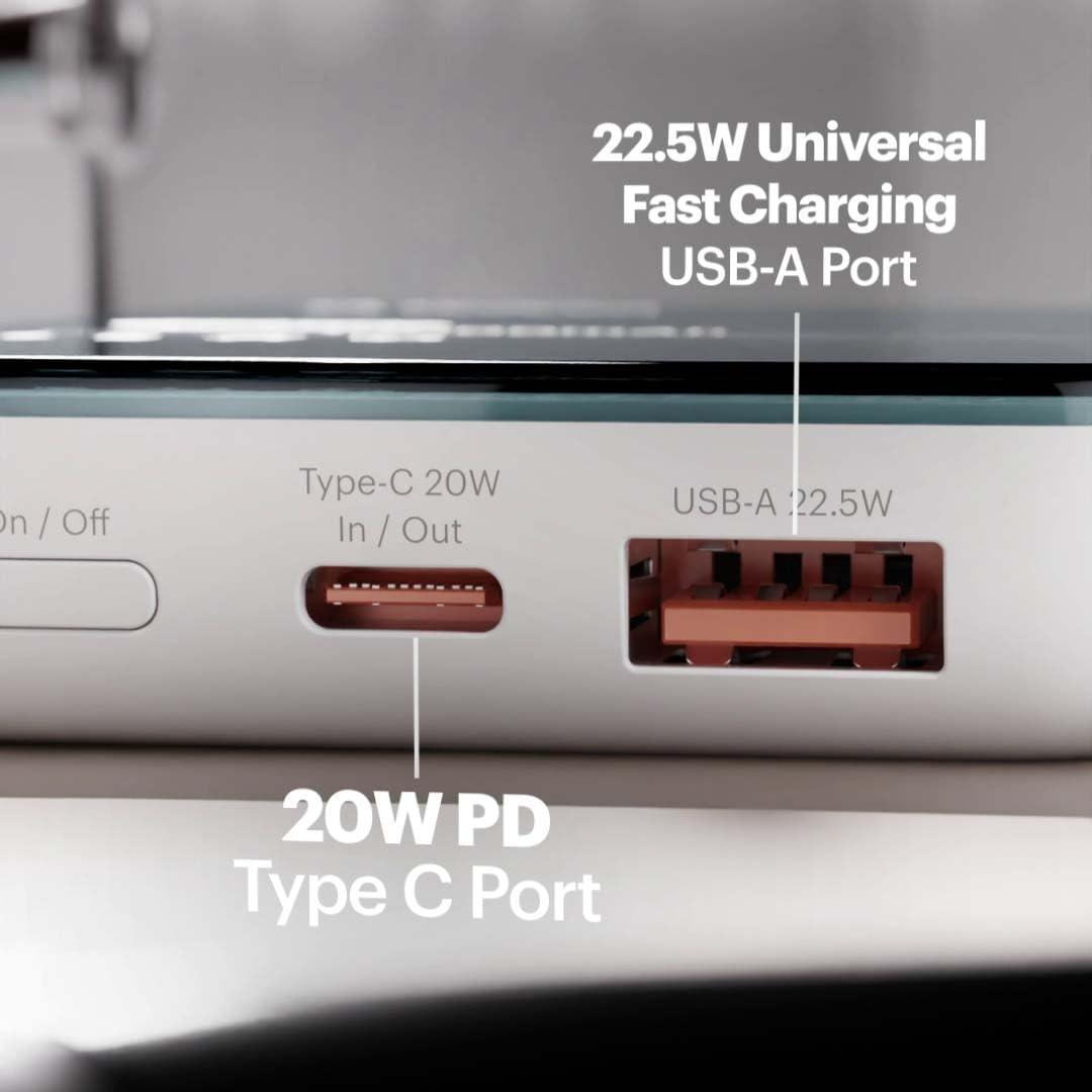 Stuffcool Roam 10000mAh Compact Powerbank with 20W Type C Output Charges iPhone 50% in 30 mins and 22.5W Fast Charging, Universal Fast Charging Type A Port - Cool Transparent with Glossy Finish