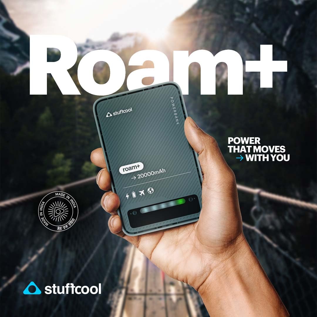 Stuffcool Roam+ 20000mAh Compact Powerbank with 20W Type C Output Charges iPhone 50% in 30 mins and 22.5 Fast Charging, Type A Port - Cool Transparent with Glossy Finish