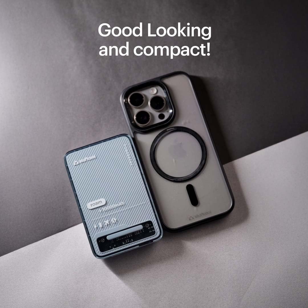 Stuffcool Roam 10000mAh Compact Powerbank with 20W Type C Output Charges iPhone 50% in 30 mins and 22.5W Fast Charging, Universal Fast Charging Type A Port - Cool Transparent with Glossy Finish