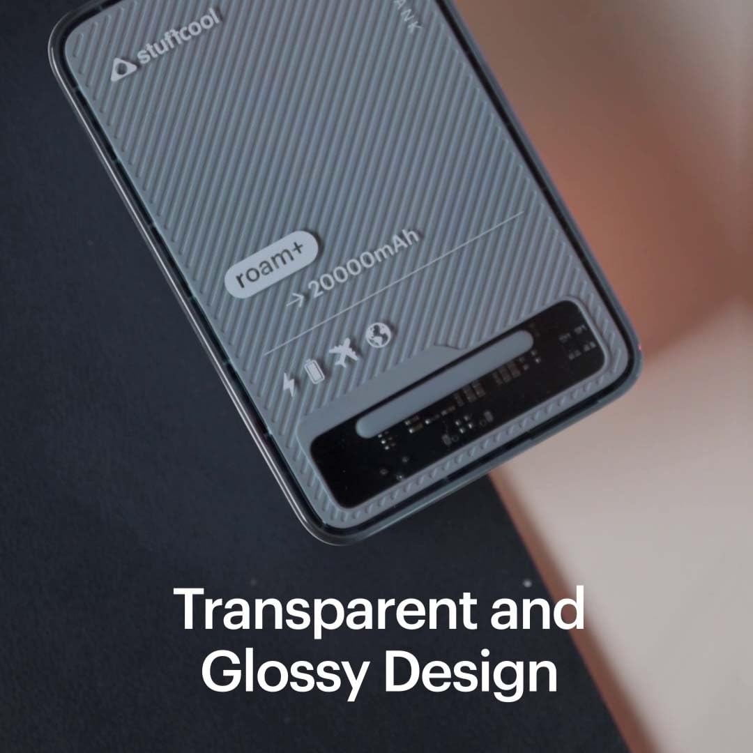 Stuffcool Roam+ 20000mAh Compact Powerbank with 20W Type C Output Charges iPhone 50% in 30 mins and 22.5 Fast Charging, Type A Port - Cool Transparent with Glossy Finish