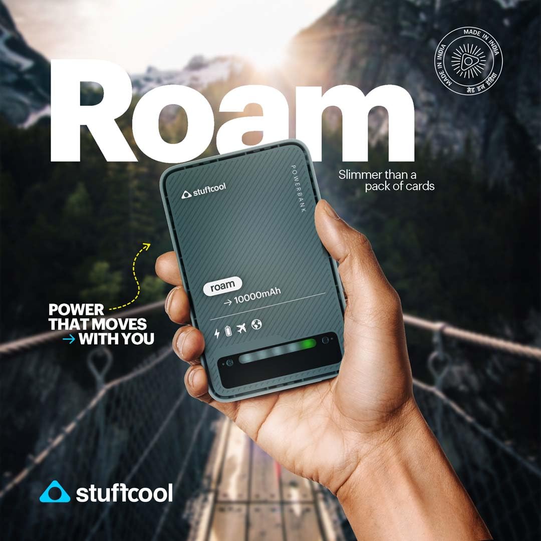 Stuffcool Roam 10000mAh Compact Powerbank with 20W Type C Output Charges iPhone 50% in 30 mins and 22.5W Fast Charging, Universal Fast Charging Type A Port - Cool Transparent with Glossy Finish